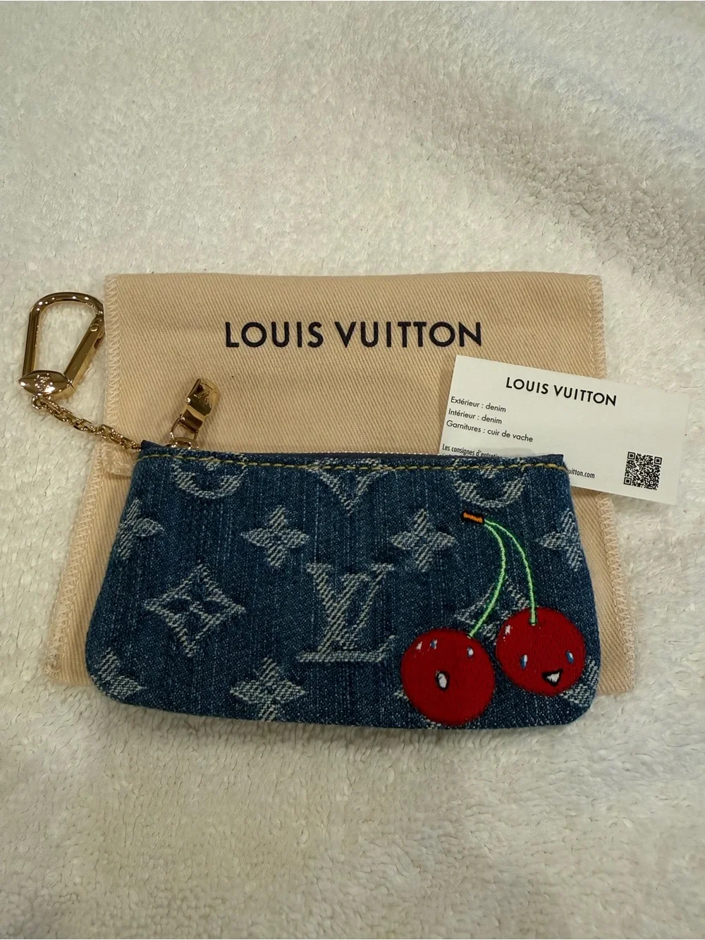 Louis Vuitton Denim Monogram Mini Pouch in Blue with Red Cherry Embroidery
